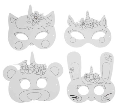 4 masques licorne en papier à colorier décorer Bobidibou anniversaire enfant achat matériel décoration France 01